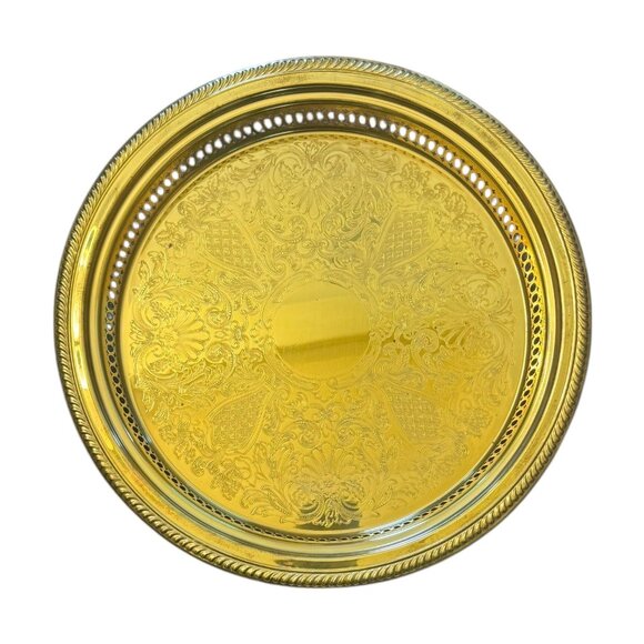 Vintage Brass Ornate Round Serving Tray With Perforated Edge & Intricate Design - Picture 1 of 7